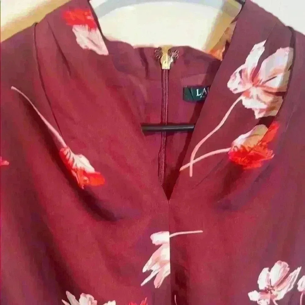 NWT Ralph Lauren sz 4P Burgundy Floral Print Midi Dress - Picture 4 of 9